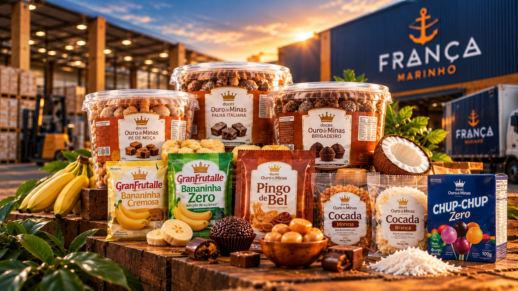Produtos Doces Ouro de Minas, Granfrutalle e Chup-Chup em frente ao centro de distribuição da Franca Marinho